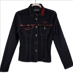 Ice Jeans Iceberg Dark Blue Red Sequin Long Sleeve Button Front Denim Jacket